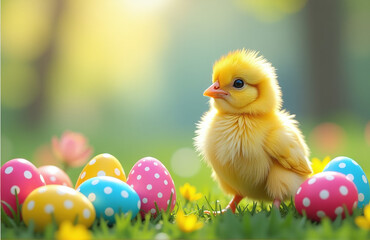 Poster - Colorful Easter Scene With Happy Chick And Decorated Eggs In A Vibrant Easter Background On A Spring Day Outside.