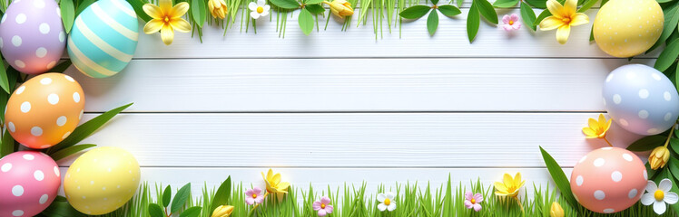 Poster - Colorful Easter Banner With Double Egg Side Border Against A White Wood Background Features A Large Copy Space Above It.