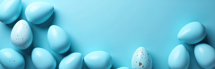 Poster - Classic Blue Easter Eggs With Various Textures On A Matching Seamless Blue Background In Web Banner Format.