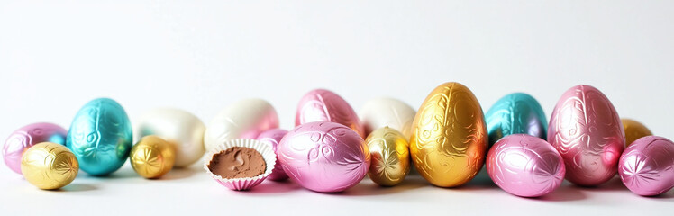 Aufkleber - Chocolate Eggs Wrapped In Bright Foil Are Set Against A Clean White Background As Part Of A Colorful Banner Design.