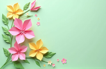 Poster - Beautiful Paper Cut Art Featuring Pink And Yellow Origami Flowers On A Soft Green Pastel Background With Springtime Design Elements.