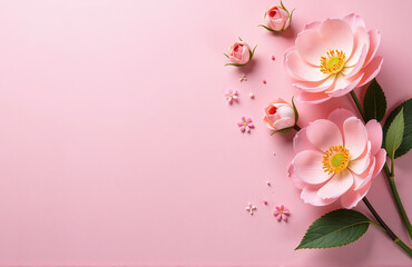 Poster - Beautiful Floral Arrangement Against A Soft Pink Background Is Showcased In This Visually Appealing Overhead Perspective Image.