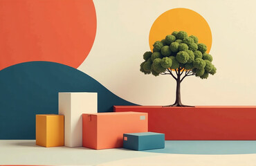 Aufkleber - Abstract Design Featuring Minimalist Boxes And A Tree On A Colorful Background With Geometric Forms.