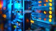 © JINGWEN - Close-up of a secure telecom server room with glowing blue lights, showcasing advanced cybersecurity technology and data protection infrastructure.