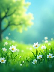 Aufkleber - A Vibrant Abstract Spring Landscape Featuring A Calming Mix Of Green And Blue Hues With Subtle Bokeh Effects In The Background.