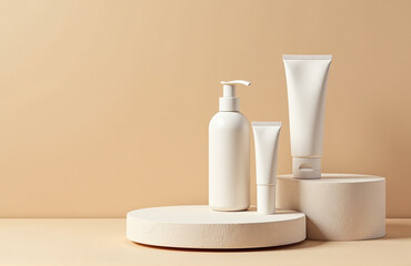 Aufkleber - A Trendy Minimalistic 3d Display With A Natural Stone Pedestal And Beige Background For Cosmetics Or Beauty Product Promotions.