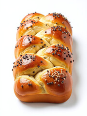 Poster - A Slice Of Braided Bread Sprinkled With Poppy Seeds Is Isolated On A Plain White Background In This Image.