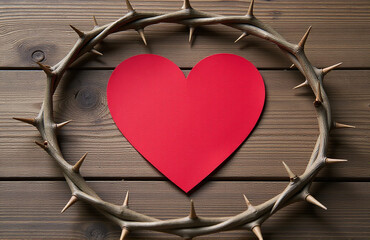 Poster - A Simple Red Paper Heart Is Placed Upon A Wooden Background Adorned With A Thorny Crown.