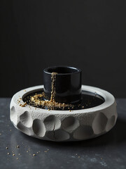 Aufkleber - A Round, Rough Stone Pedestal With A Black Cylinder Submerged In Dark Water, Decorated With Gold Glitter And Empty Space.