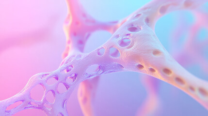 Poster - Hypnotic macro view of molecules arranged in a rhythmic echo, illuminated by soft neon glows