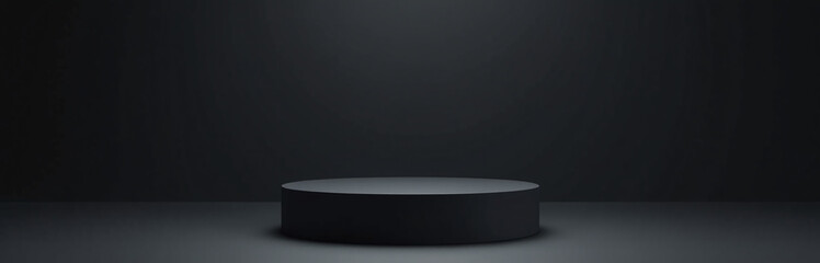 Aufkleber - A Pedestal Stands Alone On A Dark Background With A Black Stand And An Empty Platform Display.