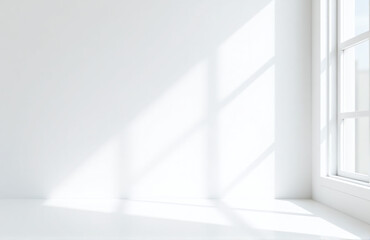 Poster - A Minimalist White Studio Background With Subtle Shadows From A Window Frame, Ideal For Showcasing Products In A Simple Setting.