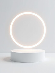 Aufkleber - A Minimalist Vector Design Featuring A White Pedestal With A Glowing Neon Ring And A Simple White Background For Product Presentation.