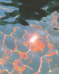 Poster - Surreal composition of a forest stream with gentle ripples, its surface bending reality as vibrant