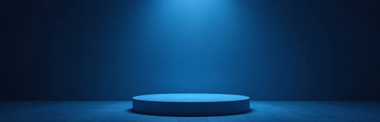 Poster - A Minimalist Setup Features A Dark Blue Background With An Empty Pedestal Or A Light Show On A Luxurious Backdrop Sometimes.