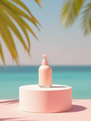 Poster - A Minimalist Pedestal Display Showcases A Product On A Vibrant Summer Background In A Simple And Elegant Manner.