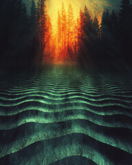 Poster - High-contrast abstract scene of a forest floor disturbed by gentle ripples, with vibrant digital