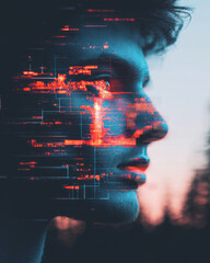 Poster - A futuristic digital collage where holographic portraits merge into a glowing network, symbolizing