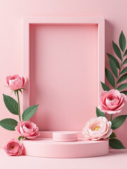 Poster - A Minimalist 3d Display Features A Pastel Pink Background With Roses, Peonies, And Palm Leaves, Ideal For Beauty Or Cosmetic Products.