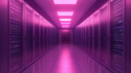 Poster - Pink-lit server room corridor with rows of data storage racks.