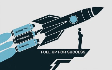 Poster - Fueling Success: A vector illustration depicts a rocket launch, symbolizing business growth fueled by innovation, teamwork, and funding.