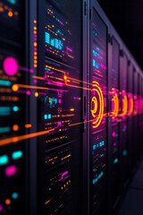 Fototapete - Bold editorial style featuring a high-tech server room overlaid with animated data flows and
