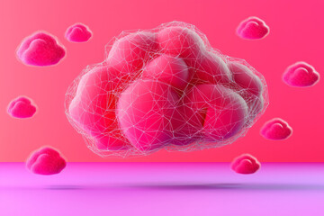 Fototapete - Surreal 3D render of a digital cloud filled with floating nodes and interconnected networks, with
