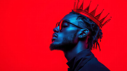 Poster - Futuristic collage blending a confident silhouette with luminous neon crown elements and rich deep