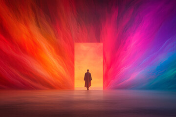 Poster - Cinematic scene of a visionary leader standing amid swirling abstract shapes and radiant beams,