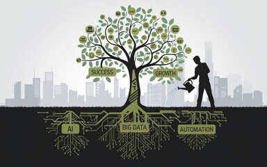 Poster - Nurturing Growth: a symbolic depiction of a person watering a tree with root system, representing AI, Big Data and automation.
