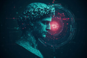 Poster - Futuristic collage merging classical symbols like laurel wreaths with modern holographic circuits