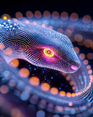 Poster - Hyperrealistic macro shot of intricate digital patterns and glowing textures emanating from a human