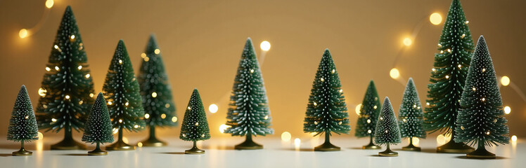 Aufkleber - A Festive Display For Christmas Products Features Miniature Evergreen Trees, Twinkling Lights, And Elegant Design With Gold Accents.