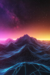 Poster - A futuristic landscape where glowing digital networks and vibrant neon beams converge at a distant
