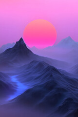 Aufkleber - Ethereal landscape featuring a radiant sunrise over a digital horizon, where soft pastel gradients
