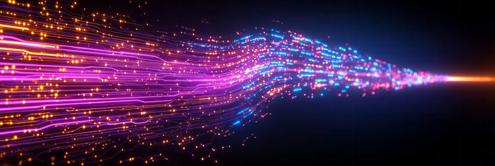 Poster - a futuristic cybernetic scene, featuring cascading streams of neon data and abstract circuit