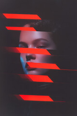 Aufkleber - Futuristic digital collage of fragmented imagery and neon overlays that disrupt traditional