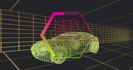 Poster - Animation of wireframe car with 30 MPH text over digital grid background
