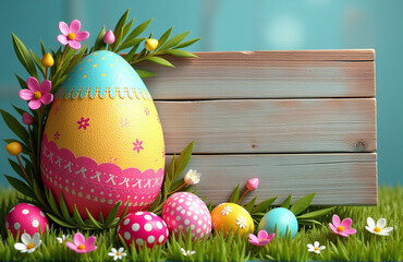 Poster - A Colorful Easter Egg Design Wraps Around A Rustic Wooden Banner With Copy Space To Create A Unique Visual Statement Online.