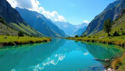 Wall Mural - turquoise water reflects blue sky in andean valley, water, valley, mountain range