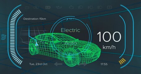 Poster - Animation showing futuristic car dashboard with electric mode, speed, and destination