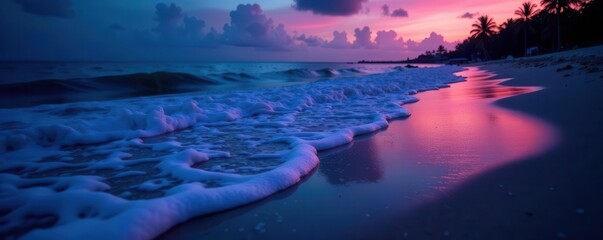 Wall Mural - gentle bioluminescent waves rolling onto sandy beach, peaceful, phosphorescent, natural phenomenon