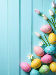 Aufkleber - A Beautifully Decorated Easter Table With Light Blue Wooden Background And Colorful Eggs Set Up In A Minimalist Flat Lay Style.