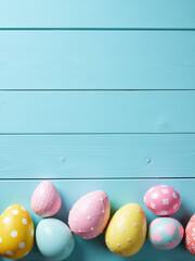 Aufkleber - A Beautifully Decorated Easter Table With Light Blue Wooden Background And Colorful Eggs Set Up In A Minimalist Flat Lay Style.