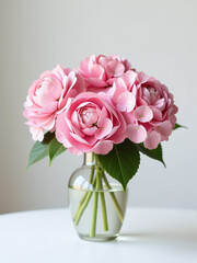 Aufkleber - A Beautiful Bouquet Of Pink Hydrangeas Adorns A Crisp White Table, Adding A Touch Of Elegance To The Empty Space Around It.