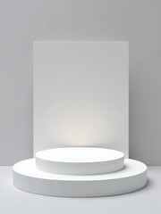 Aufkleber - A 3d Geometric Platform Displays A Product On A Vacant Stage With Sales Presentation Banner, Empty Show Pedestal And Blank Step.