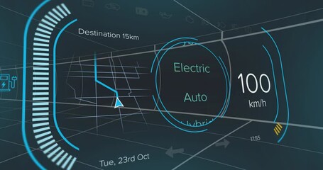 Poster - Dashboard display showing navigation and speed, futuristic electric car animation