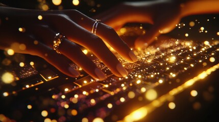 Poster - woman programmer or writer is working at night typing on a laptop keyboard with golden glowing parti