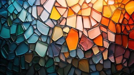 Poster - A vibrant, colorful mosaic composed of various glass pieces, showcasing a blend of blue, orange, and other hues, illuminated by soft light.