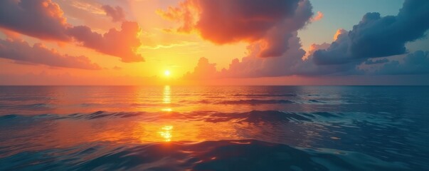 Wall Mural - golden sunrise paints calm ocean with vibrant hues, reflecting light on tranquil water , design, ref